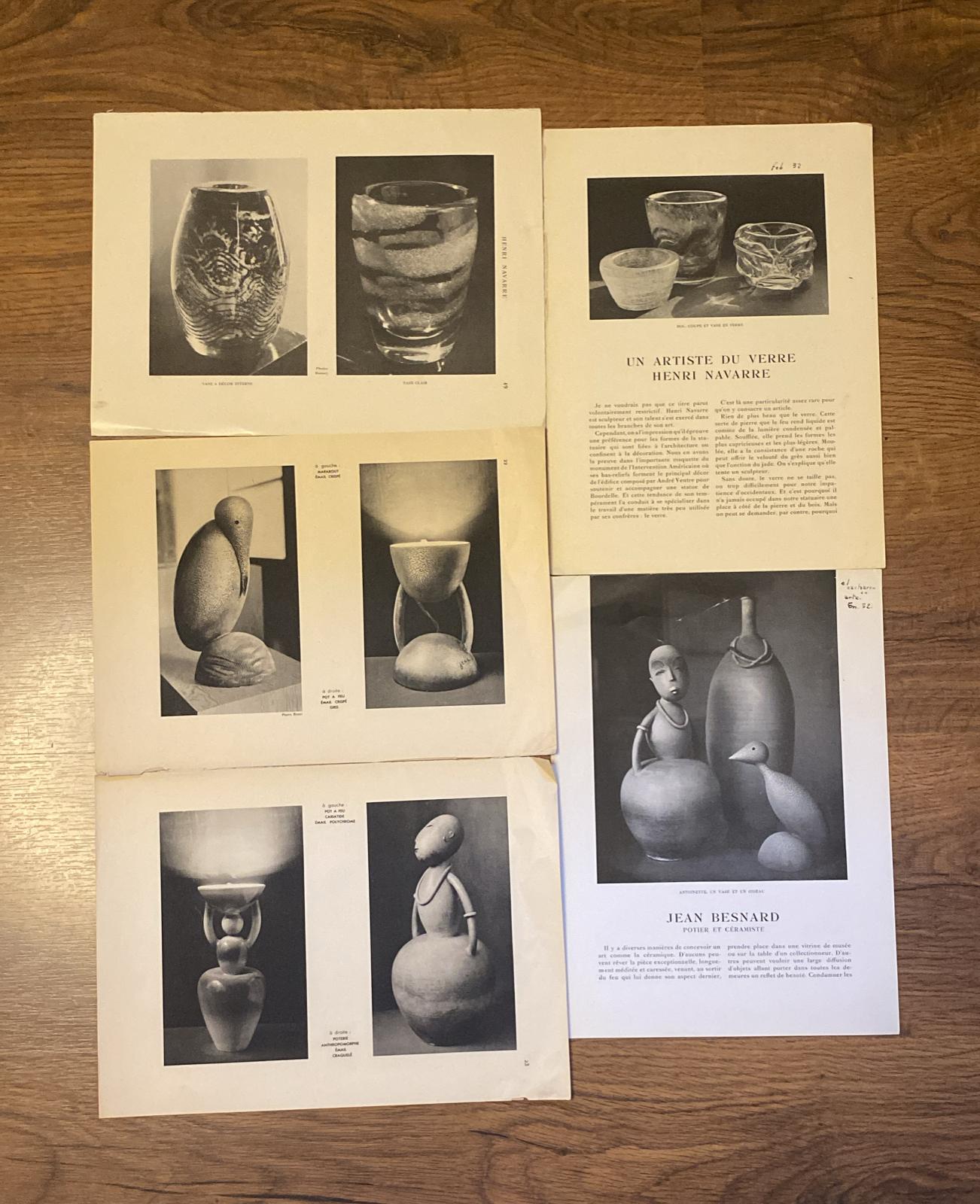 loe de 7 páginas con fotografías de arte en cristal de Henri navarre y jean besnard barro y cerámica