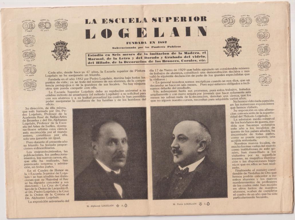 La Escuela superior Logelain fundada en 1882. Estudio en seis meses sobre la madera el mármol, el dorado, bronces... (26x20 c.) Año 1929