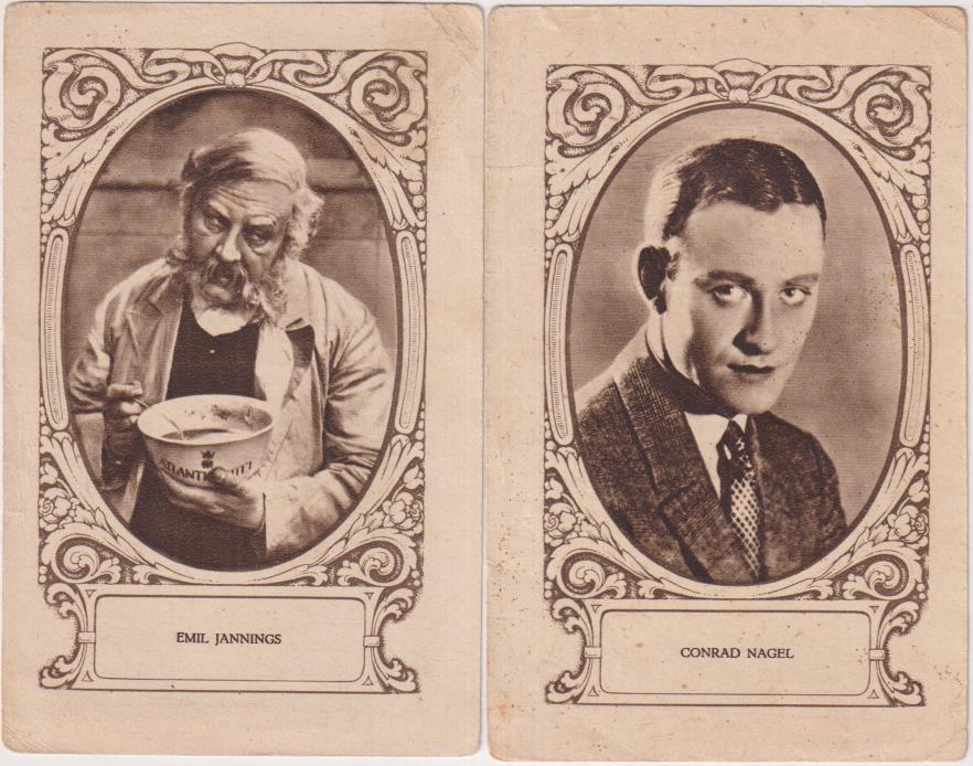 Lote de 2 Cromos (11,5x7,5 cm.) Emil Jannings y Conrad nagel. Leche Condensada Nuria