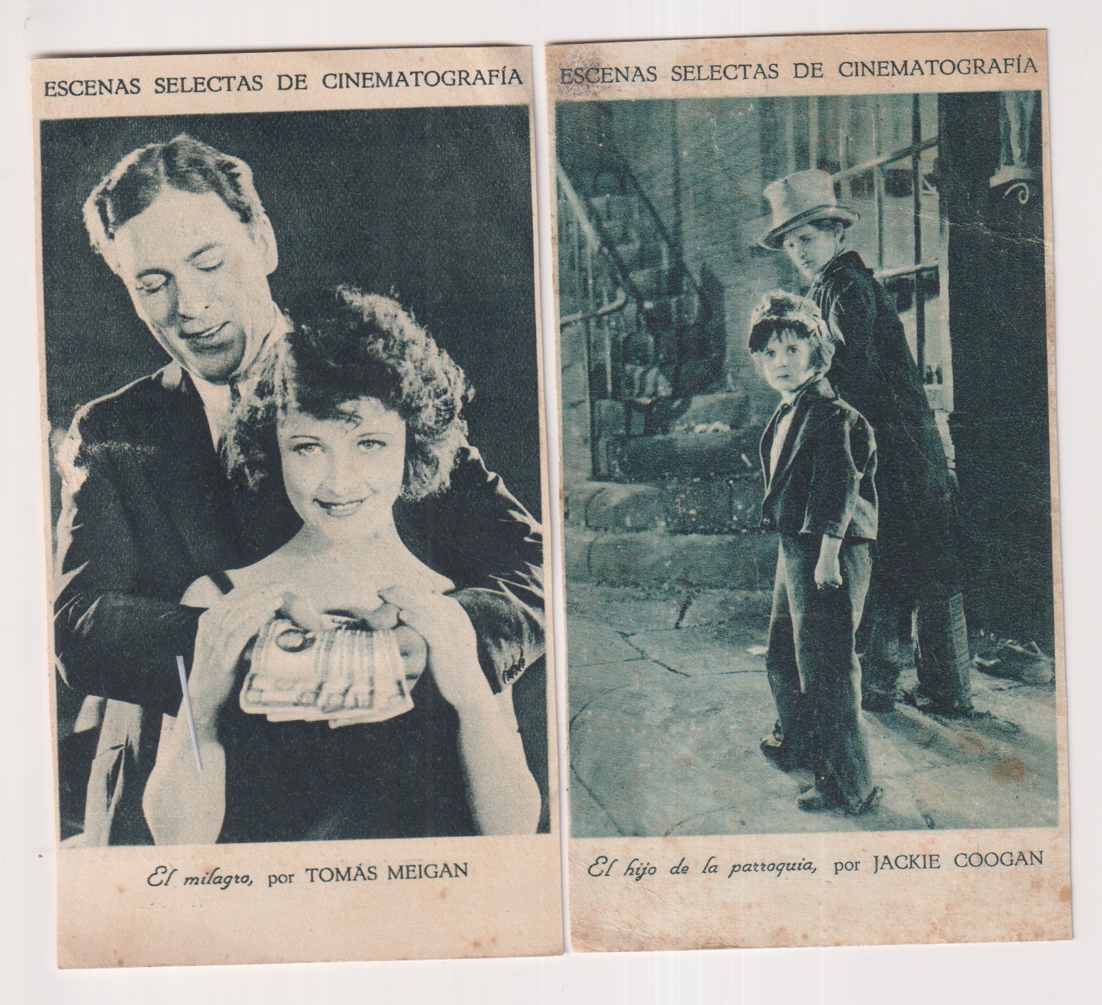 Lote de 2 cromos Escenas selectas de cinematografía. El milagro por tomas Megan y El hijo de la parroquia por Jackie coogan. Publicidad de chocolates