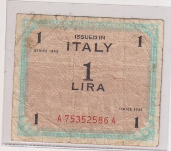 Italia. Billete de 1 lira series 1943. ocupación de EE. UU. en la segunda guerra mundial.