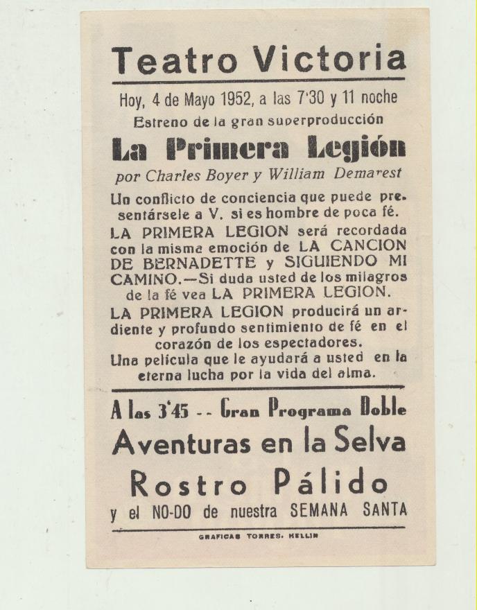 La Primera legión. Sencillo de Mercurio. Teatro Victoria-Hellín 1952