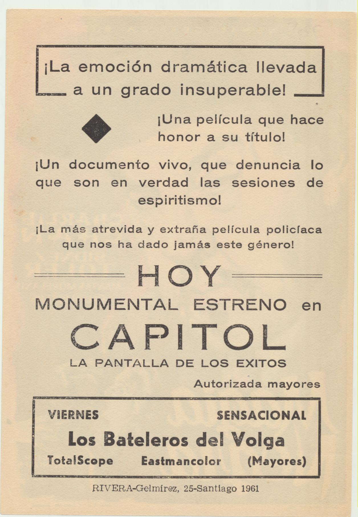 Magia Negra. Sencillo de Cinematográfica Roda. Cine Capitol. Santiago 1961. ¡IMPECABLE!