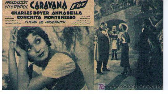 Caravana, Tarjeta fox con Charles Boyer, Annabella y Conchita Montenegro. Publicidad cine en reverso