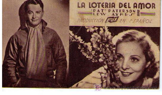 La Lotería del amor. Tarjeta Fox con Lew Ayres. Estreno cine Gades en 1935