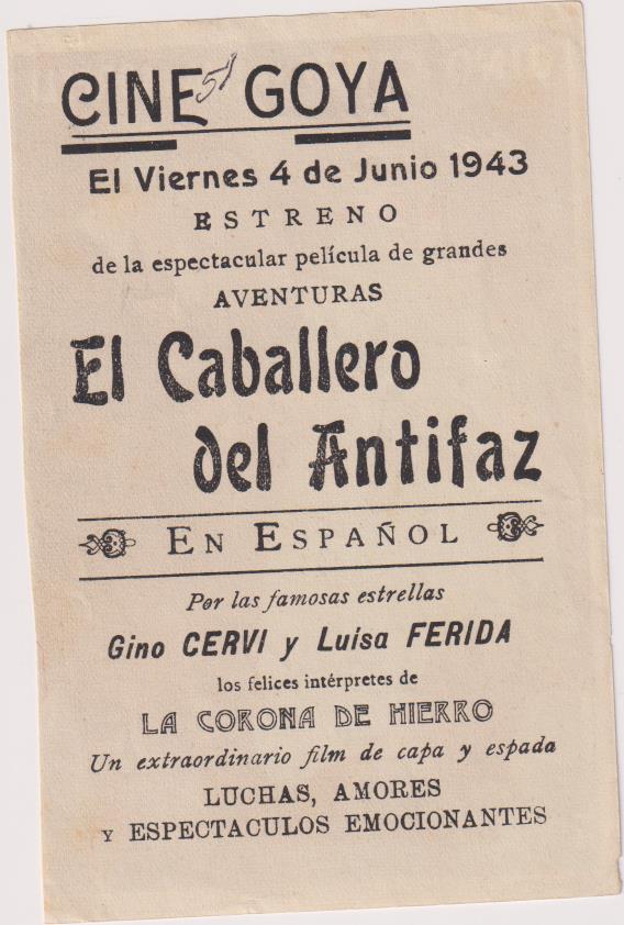 El Caballero del Antifaz. Sencillo de Imperial Films. Cine Goya, 1943
