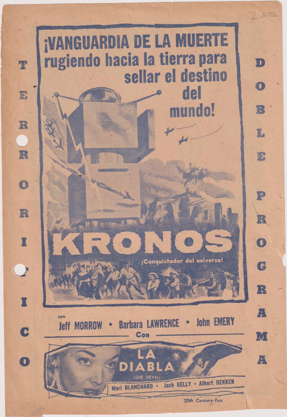 Kronos Conquistador del Universo. Sencillo grande. Cine jagua. La Habana 1957