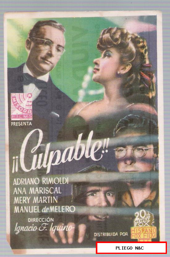 ¡Culpable! Sencillo de Hispano Fox Films. Cines Arenas y Liceo 1946