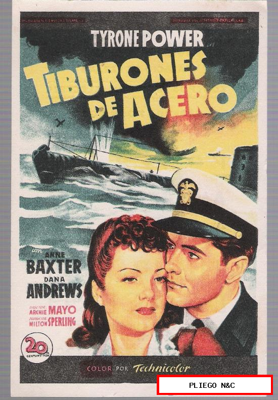 Tiburones de Acero. Soligó. Sencillo de 20Th Century Fox. Cine Regina-Sevilla 1951
