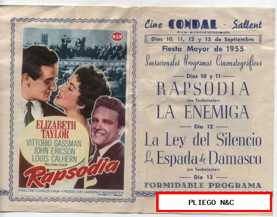 Cine Condal-Sallent 1955. Tiene pegado los folletos: Rapsodia, La ley del silencio y La enemiga