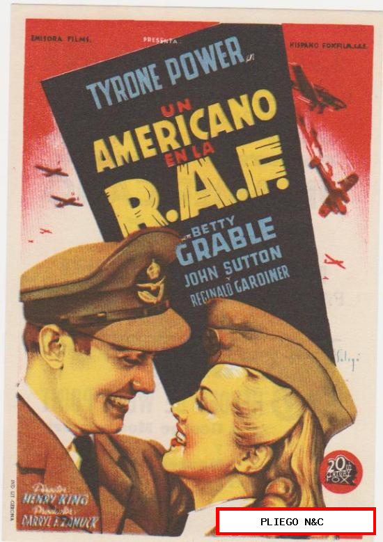 Un Americano en la R.A.F. Soligó. Sencillo de 20Th Century fox. Cine Mari León 1946. ¡IMPECABLE!