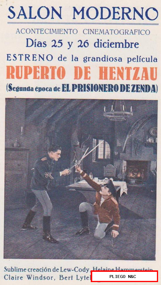 Ruperto de Hentzau. Doble de Mundial Films. Cine Moderno. Fecha escrita en dorso (1927)