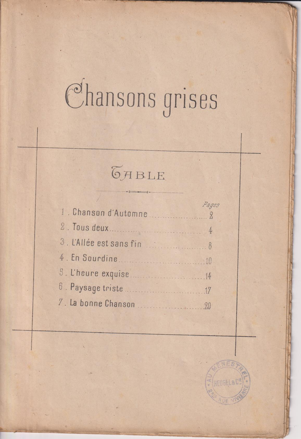 Chansons Grises. Poesías de Paul Verlaine. Música de Reinaldo Hahn. Paris 1892