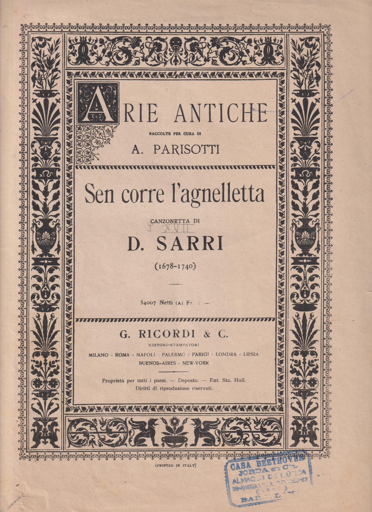 Arie Antiche. A. Parisotti. Sen corre L´agnelletta di D. SArri (32x23) 5 páginas