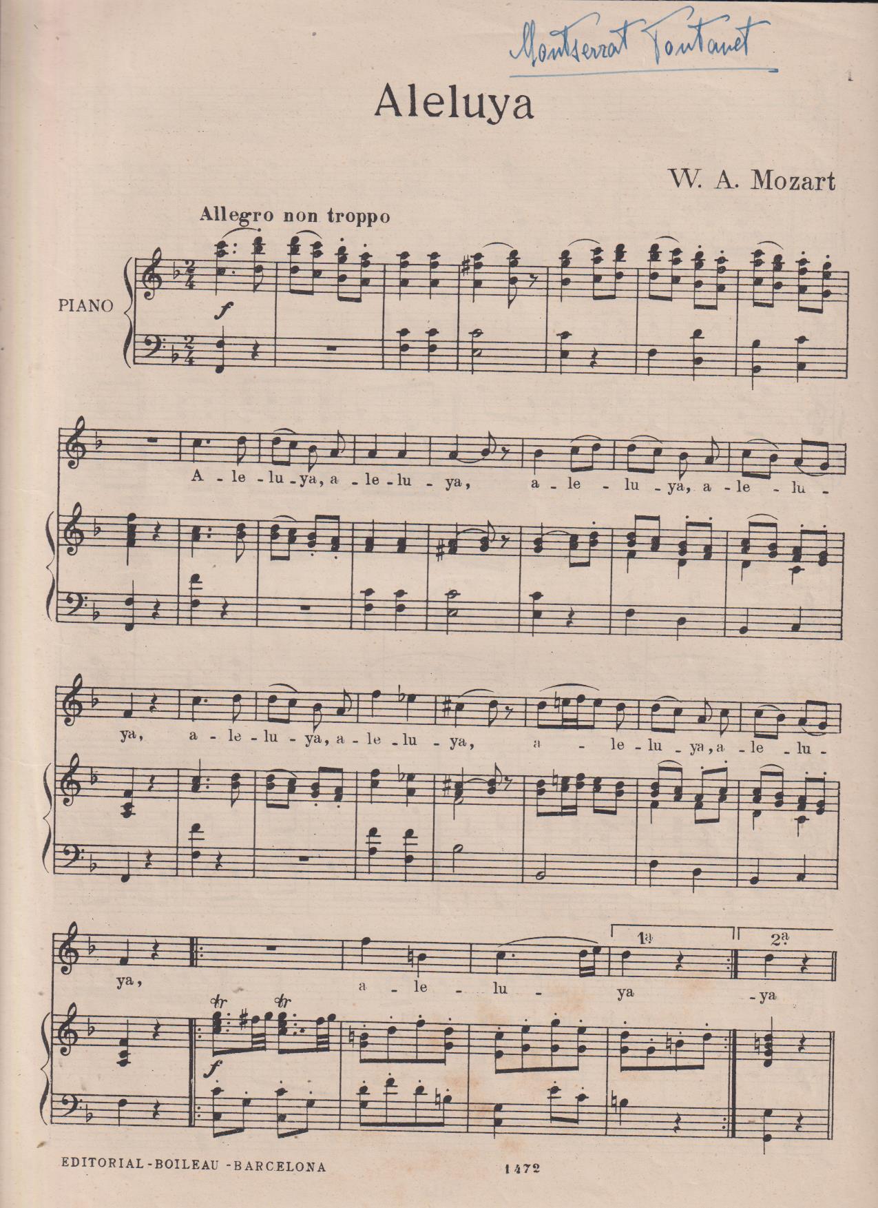 W.A. Mozart. Aleluya (32x23) 5 páginas. Firma de Montserrat Fontanet en margen de primera página