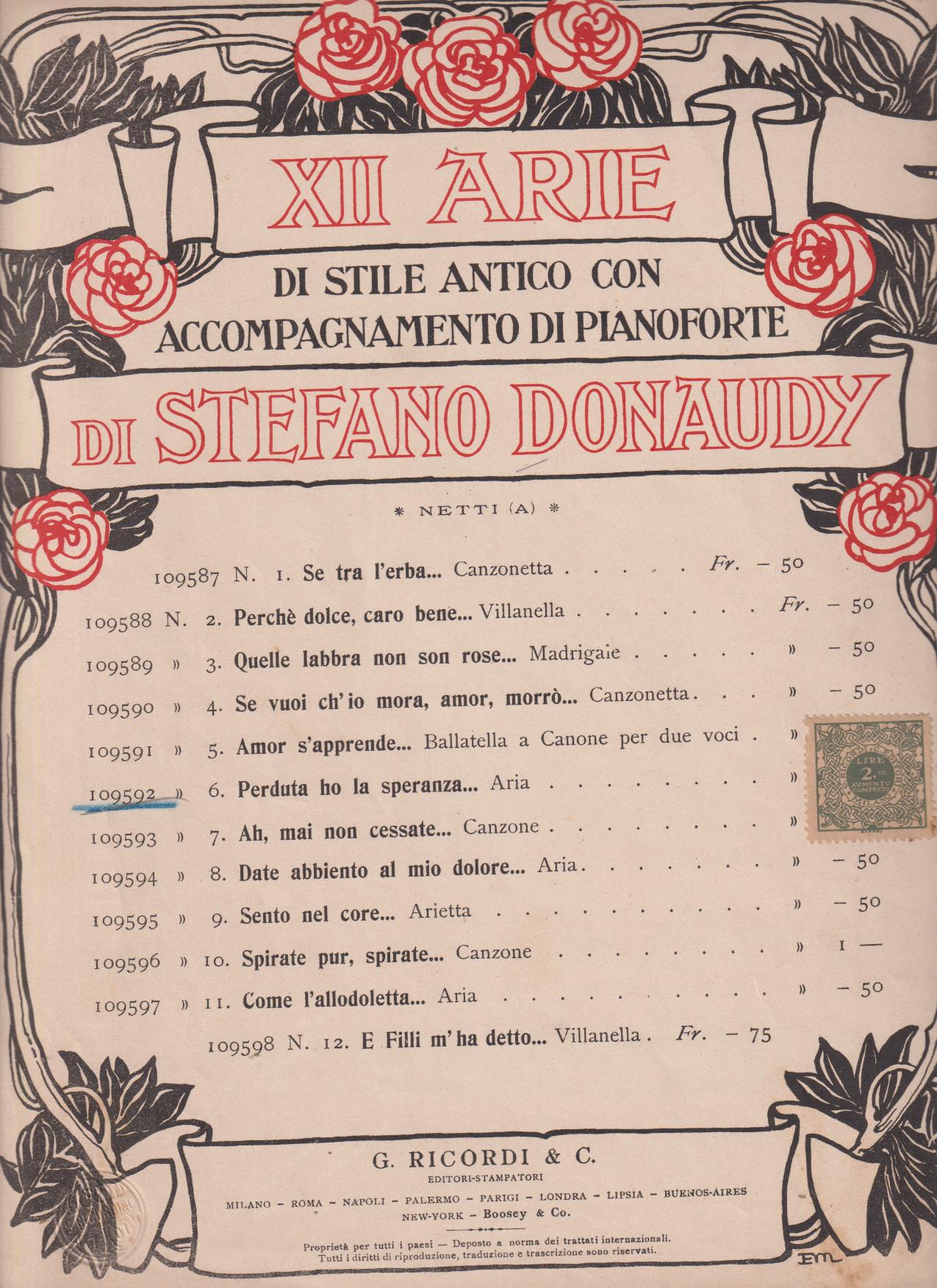 XII Arie di Stile Antico con acompagnamento di Pianoforte di Stefano Donaudy (31x23) 3 páginas