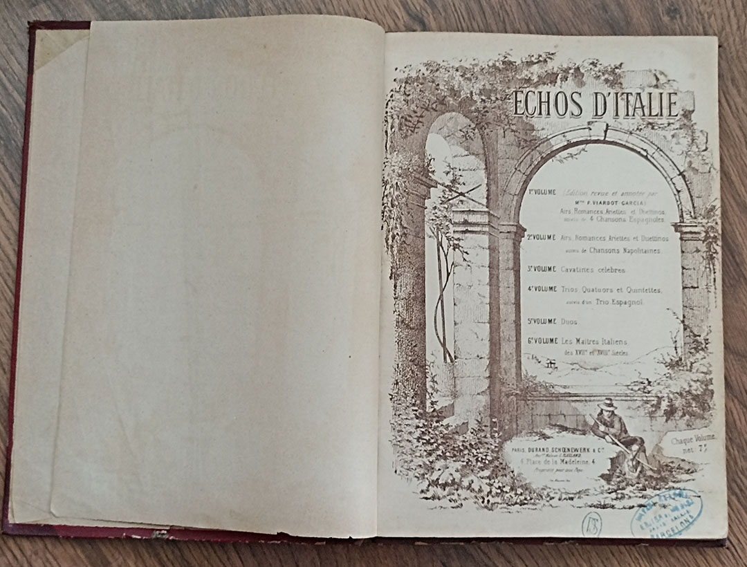Echos d´italie. Chansons Espagnoles. Libro 200 páginas. Paris. Durand Shoenewerk & cie. Dedicado y firmado. del profesor a su alumna. Barcelona 1881