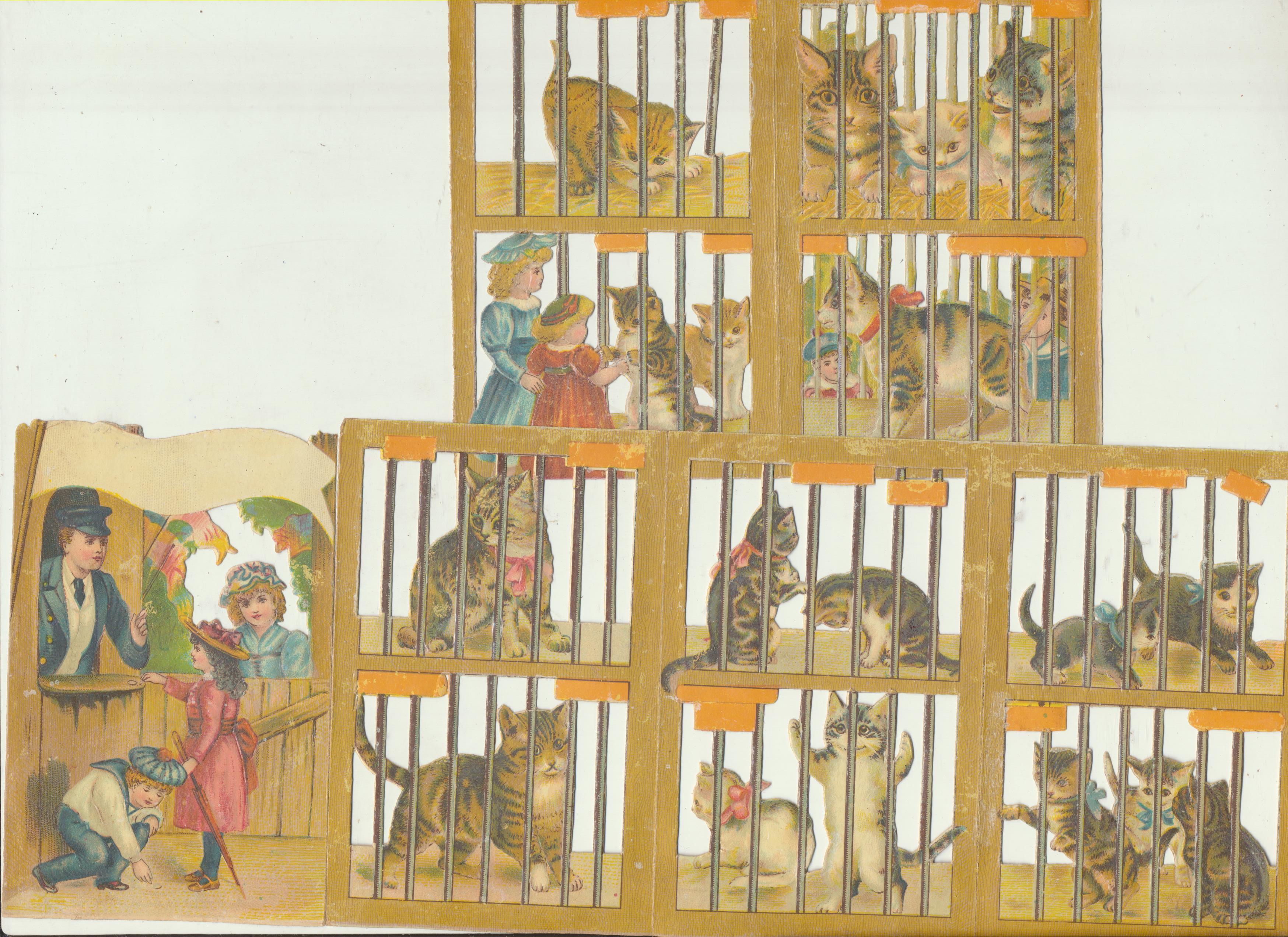 Cromos Troquelados (30x11,5 y 15x11,5 cms) 6 laterales de una jaula de gatos con taquilla. Siglo XIX