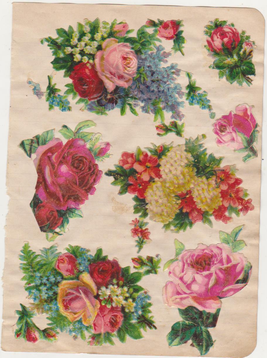 Lote de 7 Cromos Troquelados (11, 5 a 5 cms.) Flores. Pegados en hoja de cuaderno. Siglo XIX-XX