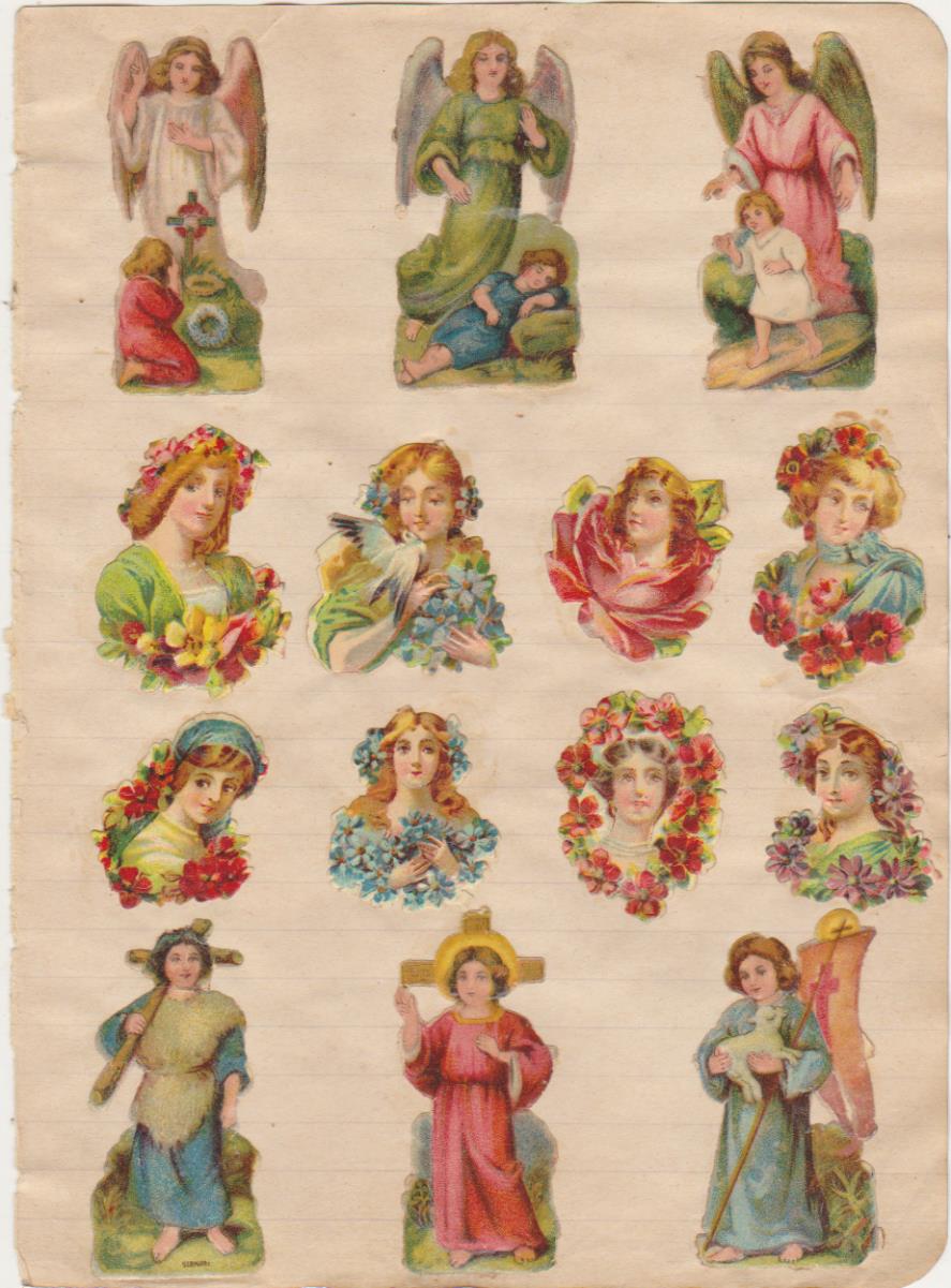 Lote de 14 Cromos Troquelados (6 a 4, 5 cms.) Pegados en hoja de cuaderno. siglo XIX-XX