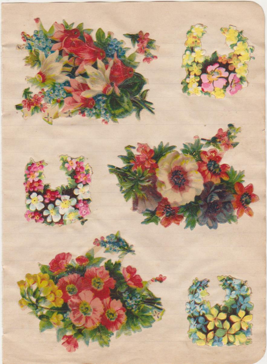 Lote de 6 Cromos Troquelados (9, 5 a 4, 5 cms.) pegados en hoja de cuaderno. Flores. Siglo XIX-XX