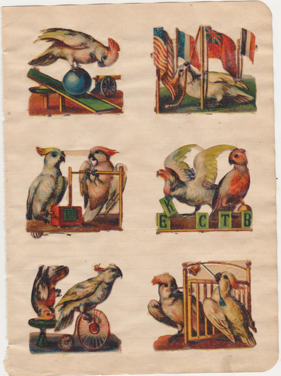 Lote de 6 Cromos Troquelados (6x5, 5 cms.) Pegados en hoja de cuaderno. Siglo XIX-XX