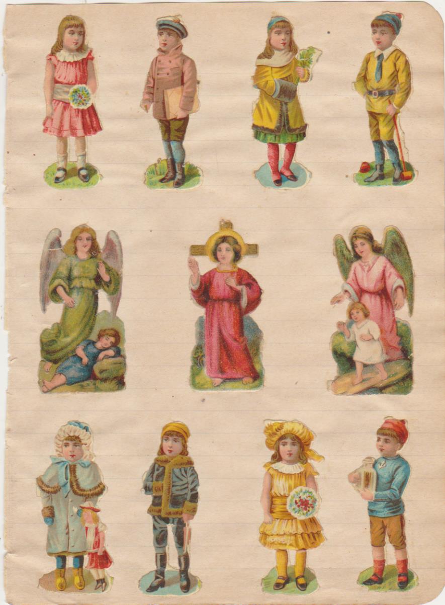 Lote de 11 Cromos Troquelados (6 cms.) pegado a hoja de cuaderno. Siglo XIX-XX