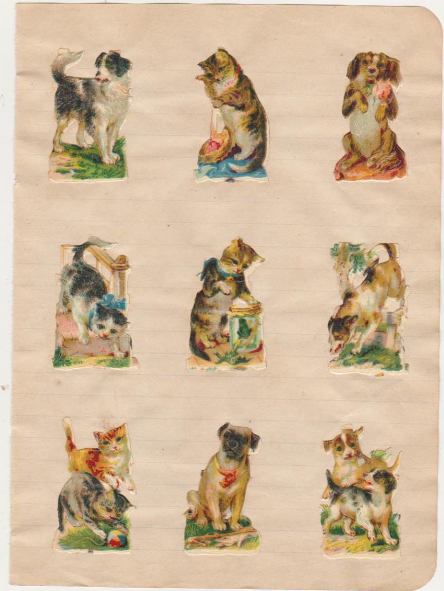 Lote de 9 Cromos Troquelados (5 cms.) pegados a hoja de cuaderno. Perros y gatos. siglo XIX-XX