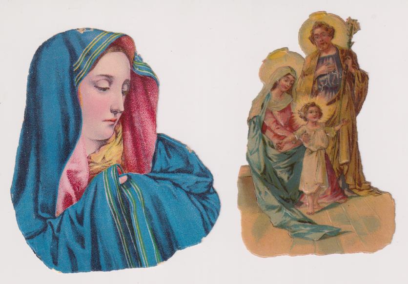Lote de 2 Cromos Troquelados (9 y 8,5 cm.) Virgen y Sagrada Familia. Siglo XIX-XX