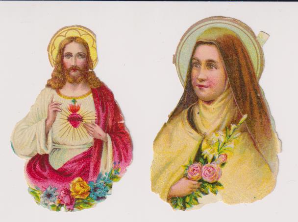 Lote de 2 Cromos Troquelados (6,5 cms.) Sagrado Corazón de Jesús y Santa. Siglo XIX-XX