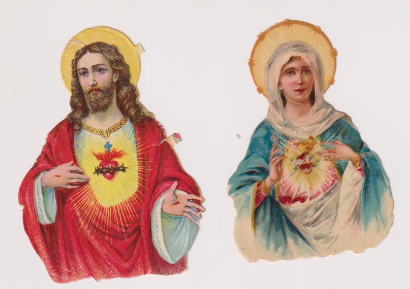 Lote de 2 Cromos Troquelados (8,5 cms) Corazón de Jesús y la Virgen. Siglo XIX-XX