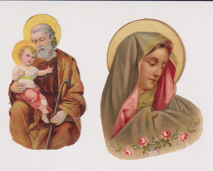 Lote de 2 Cromos Troquelados (8,5 y 8 cms.) San José con el Niño Jesús y la Virgen. Siglo XIX