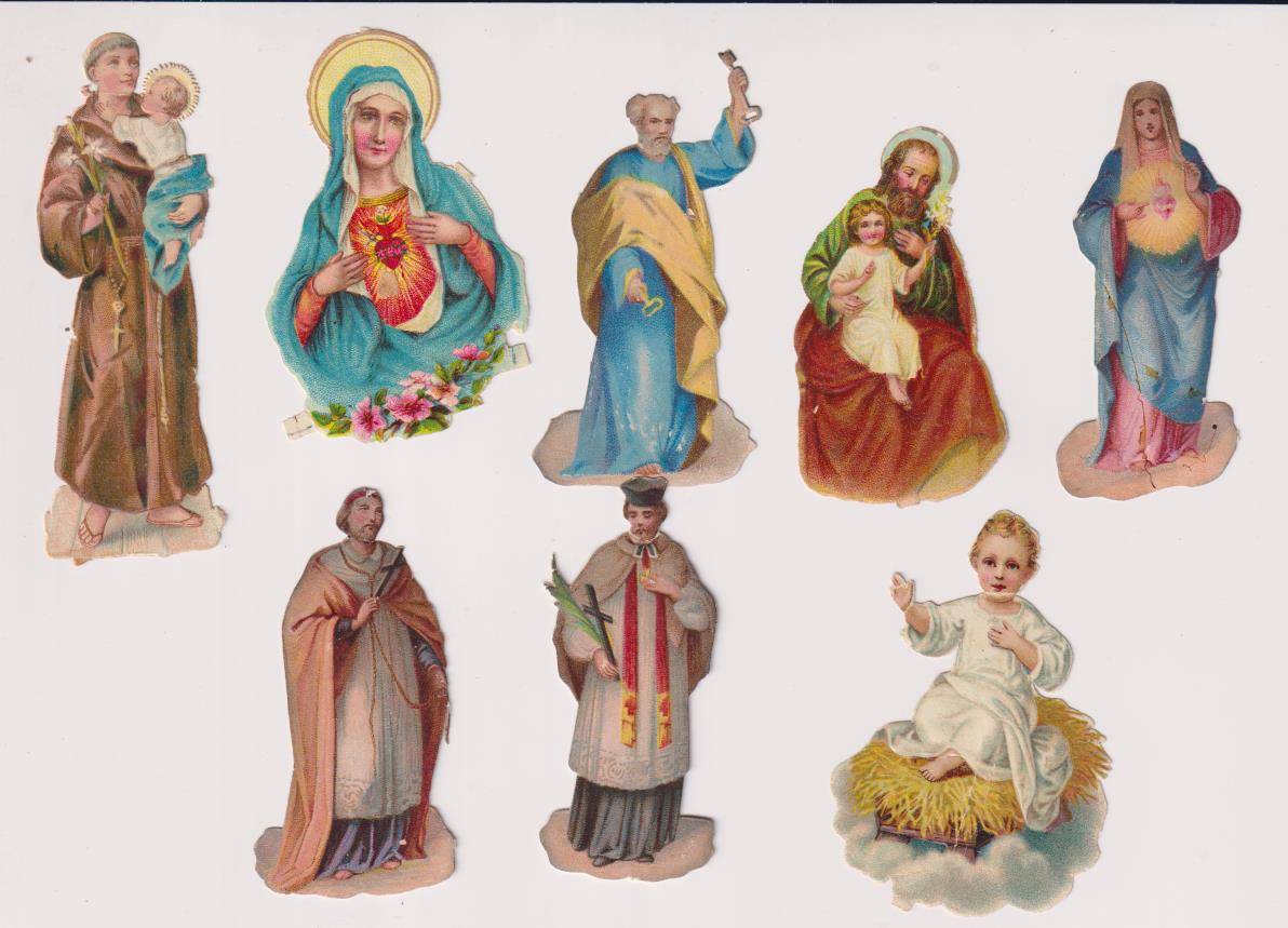 Lote de 8 Cromos Troquelados (8 a 6 cms.) Niño Jesús, la Virgen, S. José, S. Pedro, S. Antonio de Padua. Siglo XIX-XX